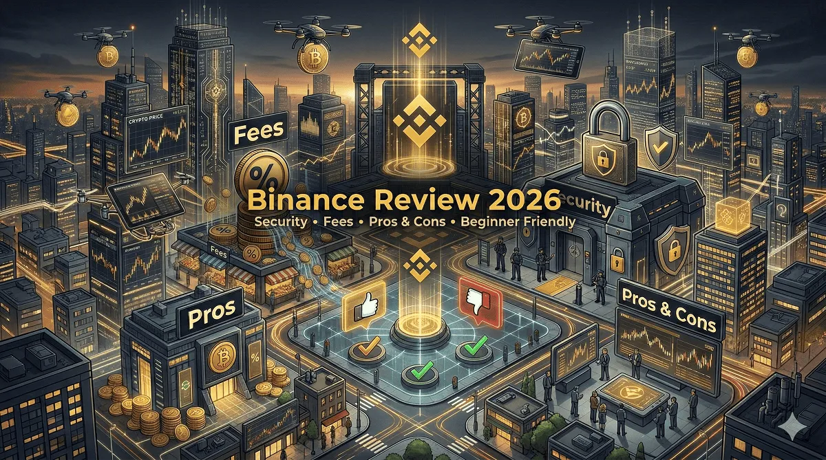 Hero image for Binance Review 2026 featuring bold headline text, crypto charts, glowing coins, and digital grid lines, highlighting fees, security, pros & cons, and beginner-friendly features.