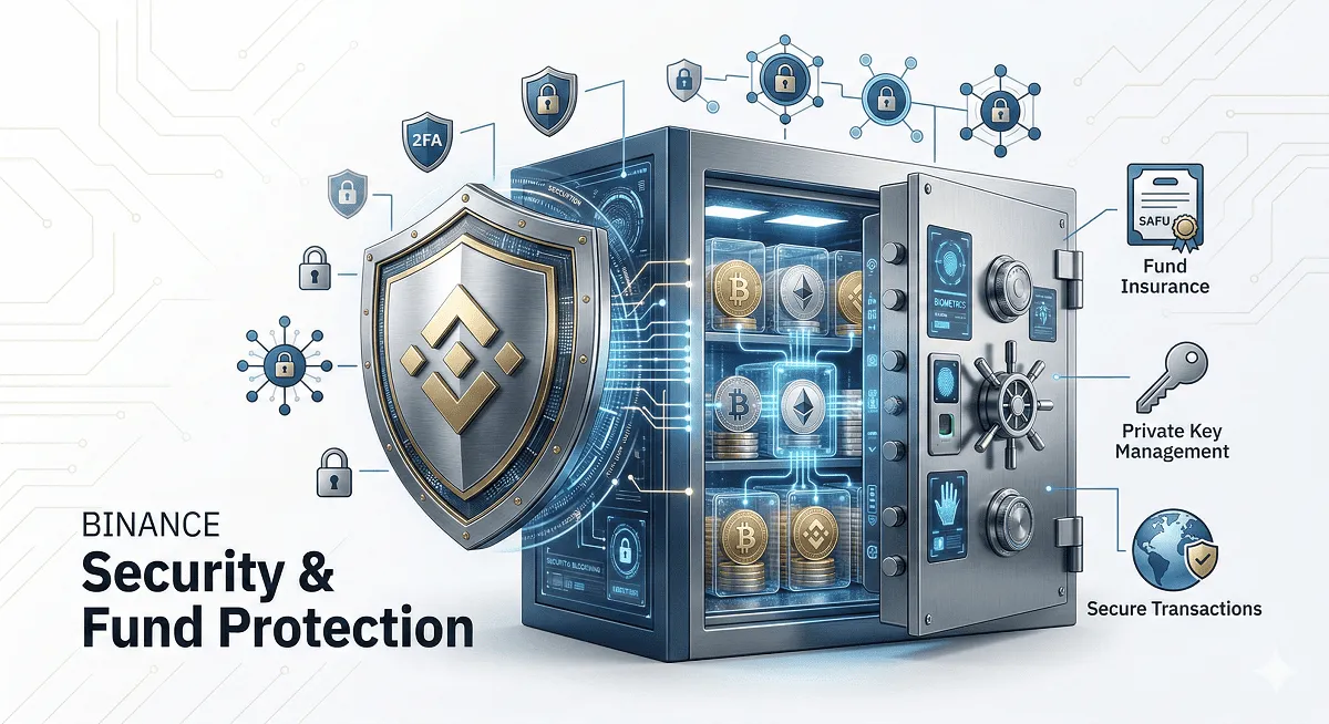 Binance security and fund protection overview showing cold wallet storage, 2FA protection, and SAFU insurance fund