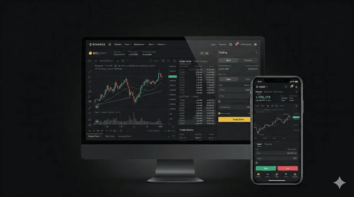 Binance trading platform interface showing desktop dashboard, advanced charting tools, and mobile app user experience