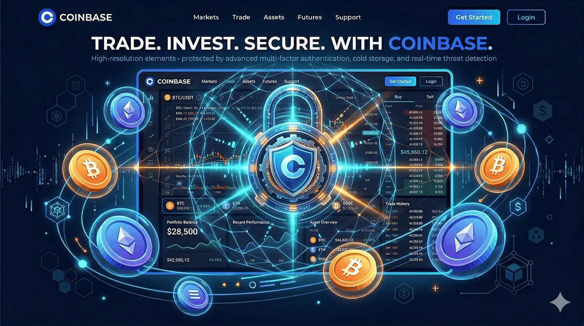 Coinbase security system protecting cryptocurrency assets with blockchain encryption