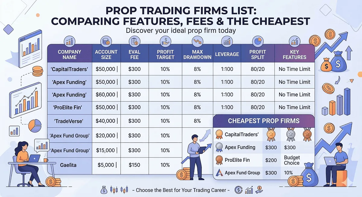 Lista de Prop Firms: Compare Taxas e Encontre as Mais Baratas