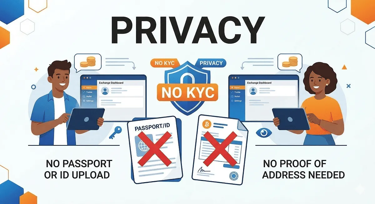 Infographic showing P2P crypto trading with total privacy and no KYC. Users buying and selling digital assets via a secure escrow dashboard without uploading a passport, ID, or proof of residence.