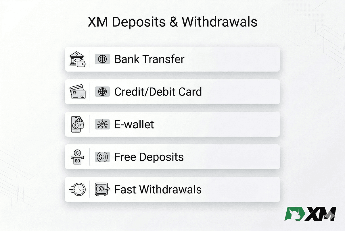 XM broker deposits and withdrawals including bank transfer, credit card and e-wallet payment methods