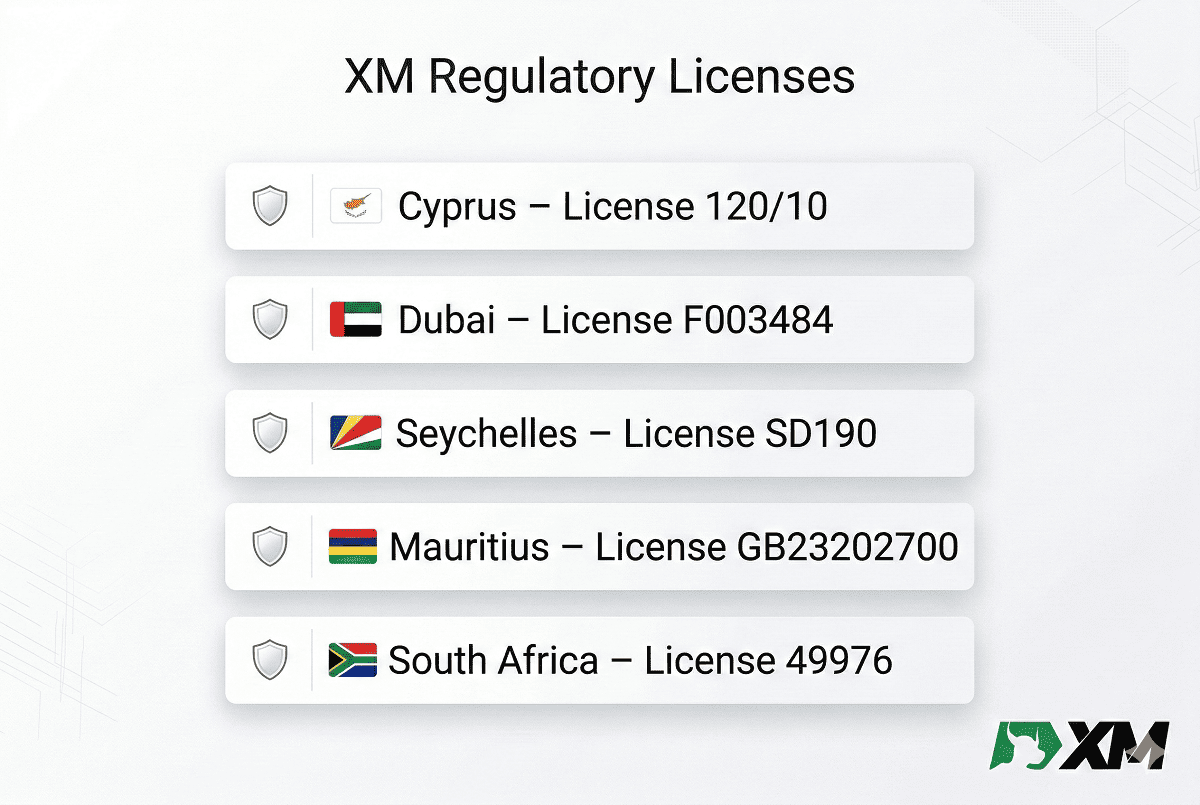 XM broker regulatory licenses including Cyprus, Dubai, Seychelles, Mauritius and South Africa